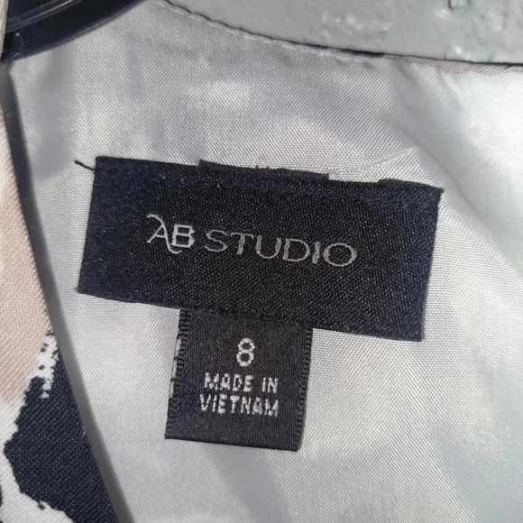 AB Studio Black White Floral Print Fit-and-Flare Dress Pockets Size 8 - Picture 8 of 9